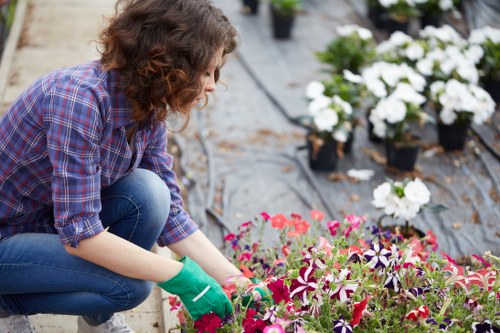 Worker inspecting tools before garden maintenance in city area